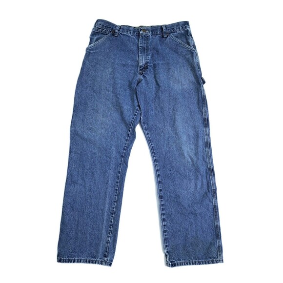 Wrangler Jeans Carpenter Men's 35x32 Blue Denim Pockets Pants Distressed - Picture 1 of 10